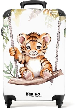 NoBoringSuitcases© Handgepäck Koffer Kinder Kinderreisekoffer Kinderkoffer | 55x35x20 cm - mit Roller Leicht Cabin Trolly Hartschalenkoffer Kind Tiger - Schaukel - Blätter