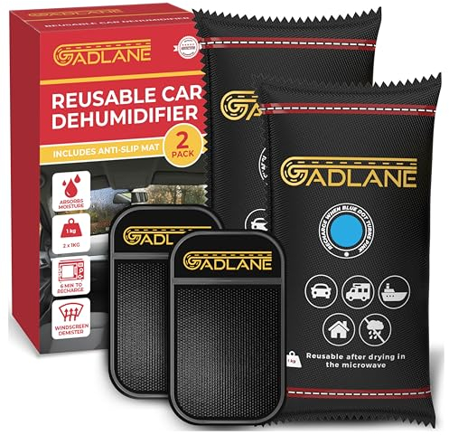 GADLANE X-Large Reusable Car Dehumidifier 1KG - 2 Pack Car Moisture Absorber with Dashboard Anti-Slip Mat Eliminate Foggy Windscreen Home, Wardrobe, Condensation Absorbers Silica Gel Bags 1KG x 2