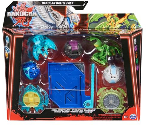 Spin Master Bakugan Blue Base Battle Pack - Juego de figuras de acción, Ventri de ataque especial, Dragonoide de ataque especial, ruiser de titanio, trox de titanio, humo (6066988)