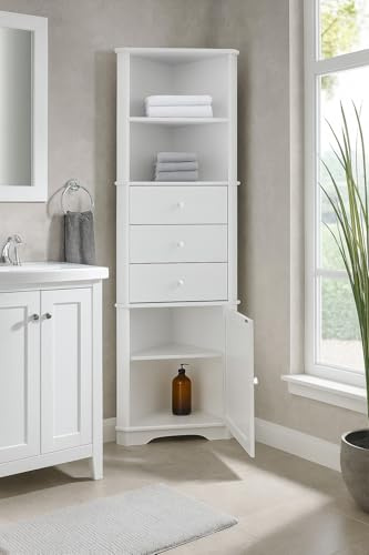 Saxony® Bathroom Storage Cabinet corner unit with 2 open Shelves 1 Door and 3 Drawers Tallboy Storage Unit Wooden Furniture Tall Narrow Cupboard Slim Floor Cabinets Standing Design White