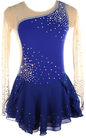 CHAGMEA Kids Girls Figure Ice Skating Dress Women Adult Sparkly Rhinestone Sleeveless Open Back Bodysuit, Show Costume Race Skirt, Ballet Dance Gymnastic Leotard,Gemstone Blue,3XL