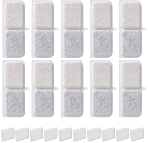 Filtro Fuente Para Gatos, Filtros Fuente Gatos para gatos contiene 10 piezas de elementos Filtrantes y 10 piezas de esponjas Filtrantes, Resina y carbón activado Filtros de Repuesto, Triple Filtración