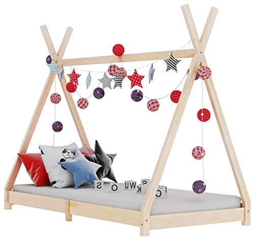 Hommdiy Kiefernholz Massiv Kinderbett Hausbett Bettenhaus Spielbett Tipi Indianer Bett Kinderhaus Holzbett Bettgestell Lattenrost Braun,70 x 140 cm