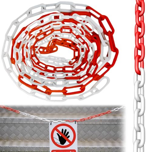 Cadena de seguridad de 15 m, 6 mm, color rojo, blanco, plástico, rojo y blanco, cadena de advertencia de plástico, cadena de seguridad para obras, cadena de eslabones de plástico para cierre para