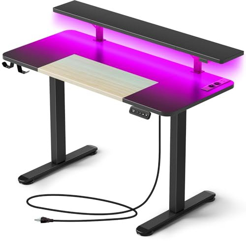 Rolanstar Höhenverstellbarer Schreibtisch 120x60 cm, Elektrischer Steh-Sitz Tisch mit LED, Steckdosen & USB-Ladeanschluss, Ergonomischer Gaming & Homeoffice Computertisch, Standing Desk für Büro