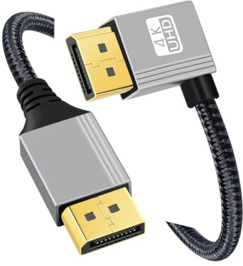 CY Câble DisplayPort DP vers DP coudé à droite Câble 4K 60 Hz Gaine argentée Ultra-HD UHD 90 degrés pour moniteur d'ordinateur portable de bureau Carte graphique (100 cm)