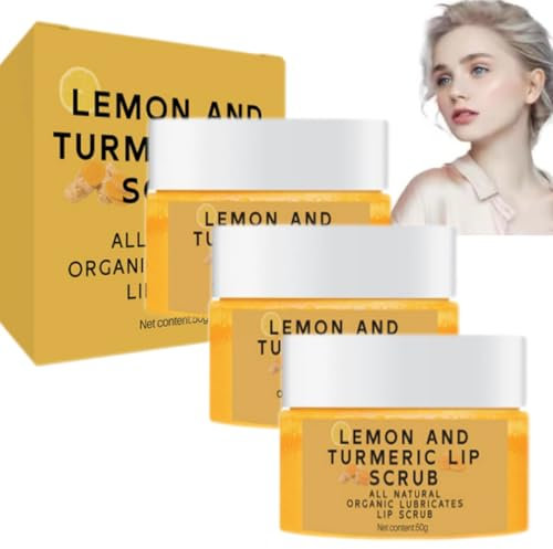 Natürlicher Kurkuma-Zitronen-Lippenpeeling für dunkle Lippen, Peeling & Pflege Zucker-Lippenpeeling, Kurkuma-Lippenpeeling, Lippenpeeling, spröde und trockene Lippen befeuchtet & verblasst (3 Stück)