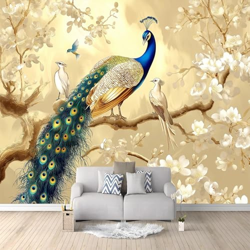 Paon Fleur Blanche Jaune Doré Papier peint intissé Jaune D'Or 200x140 cm Décoration Murale Poster Tableaux Muraux Tapisserie Photo Effet 3D