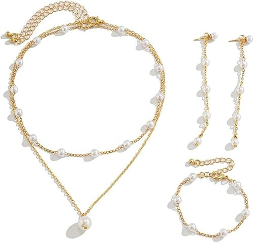FDEETY Braut Schmuck für Damen - Perle Halskette, Ohrringe, Armband Gold Hochzeit Set Perlenschmuck