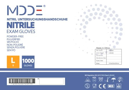 MDDE Lot de 100 à 1000 gants jetables en nitrile sans poudre, sans latex, hypoallergéniques, gants alimentaires, gants médicaux jetables (1000)