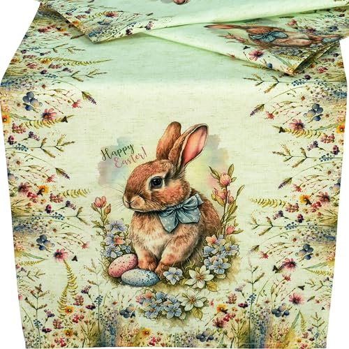 Tischläufer Ostern Happy Easter Tischdecke Ostertischdecke Mitteldecke Decke Hellgrün Landhaus Frühling Stoff Waschbar (40 x 140 cm)