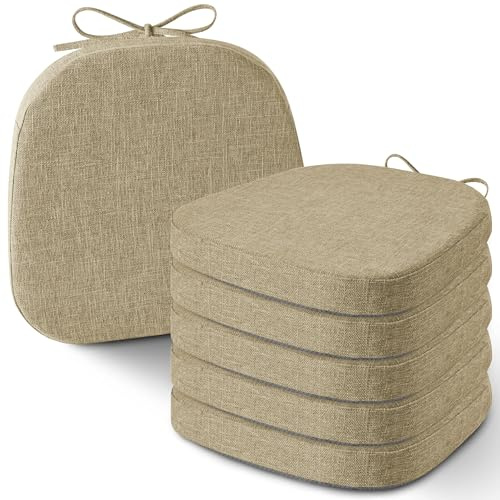 AddGrace Set of 6 Chair Cushions for Metal Dining Chairs 14x14 Chair Pads with Ties Non Slip Thick Seat Cushions with Textured and Removable Cover Beige