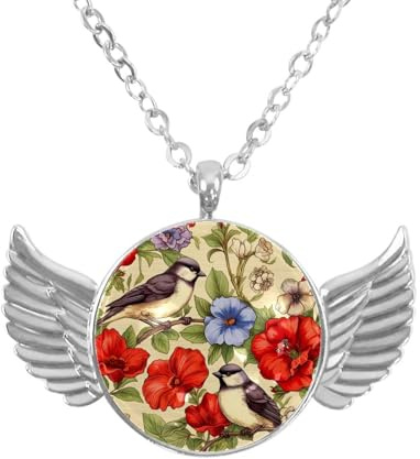 Luoweisi Angel Wings Necklace with Birds Flowers Pansies, Aluminum Alloy Jewelry Gifts for Men Women