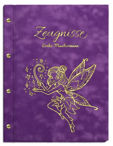 Personalisierbare Zeugnismappe in violetter Samtoptik mit eigenem Namen und Motiv - inkl. 12 Sichthüllen - Goldener Aufdruck mit individuellem Motiv selbst gestalten