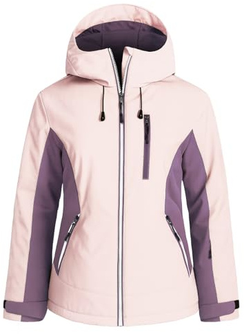 GEMYSE Damen Skijacke Wasserdichte Winterjacke Winddichte Schneejacke Warme Snowboardjacke Isoliert mit Kapuze(Hellrosa mit Dunkellila,XL)