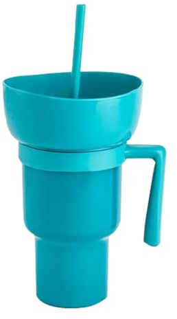 Combo de tazón, vaso para palomitas de maíz con popote, vasos 2 en 1, vaso portátil a prueba de fugas, taza multifuncional reutilizable para palomitas de maíz, para viajes, parque, teatro, cine, hogar