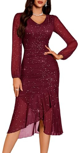 DRESSTELLS Formal Dresses for Women UK, Sparkly Long Sleeve Mesh Bodycon Elegant Wedding Guest Evening Party Prom Gown Cocktail Maxi Dress Burgundy XL