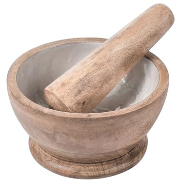 Mortier et Pilon en Bois de Manguier Fait Main Accessoire Cuisine Marron et Blanc Qena