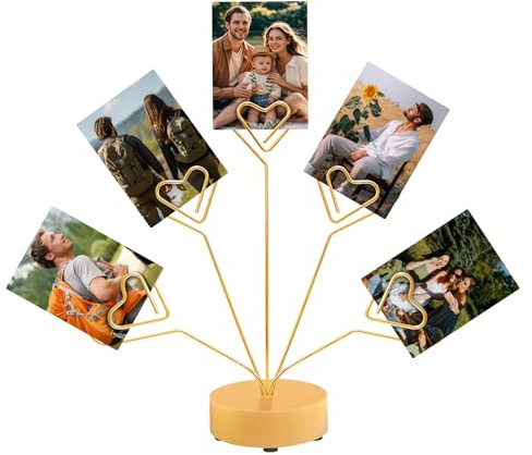 FaitAtten Desktop Heart-Shaped Photo Tree Style Holders Round Base,5-Branch Family Picture Frame Clips Holder Desk Card Display Stand for Christmas,Wedding, Birthday Party,Gift (Golden)