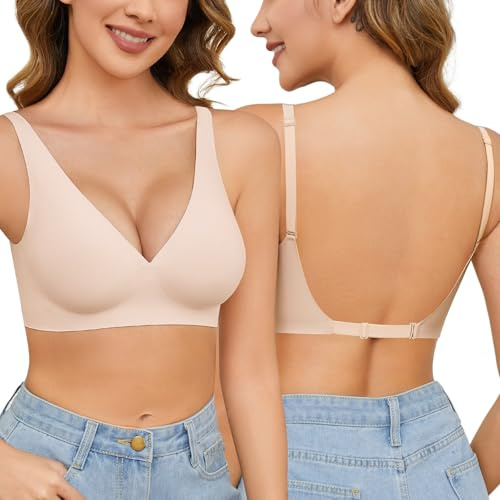Niwicee Reggiseno Schiena Scoperta Invisibile Reggiseni Senza Ferretto Push Up V Profonda Reggiseno Multiway Bretelle Convertibili con Morbida Imbottiture (Beige, L)