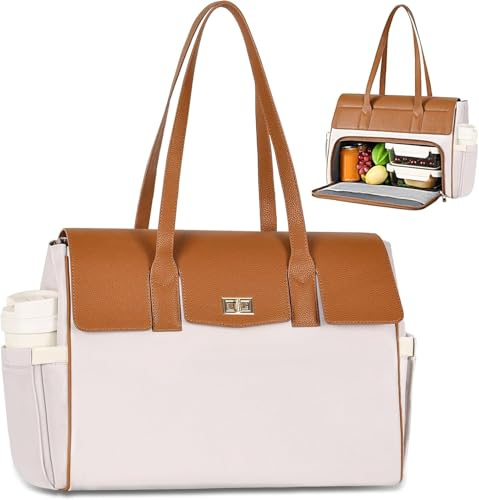 Jetviivid Laptop Bag with Large Lunch Compartment, 15.6 Inch PU Leather Work Bag for Women, Leakproof Insulated Lunch Tote for Business, Office, Nurse, Teacher, College