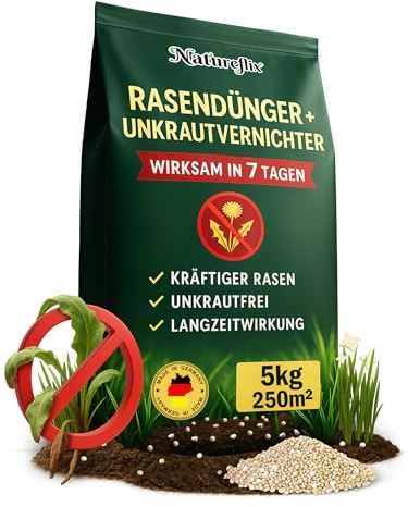 Natureflix Rasendünger mit Unkrautvernichter extra stark | 5kg für 250m² | 2-in-1 | Der Rasenunkrautvernichter vernichtet Klee, Löwenzahn & mehr | für dichten, grünen Rasen im Frühjahr & Sommer