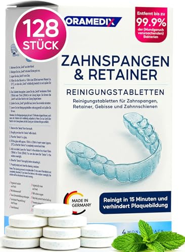 Retainer Reinigungstabletten - 128 Tabletten für Zahnspangen, Retainer, Gebisse und Zahnschienen - Reinigt in 15 Minuten, entfernt 99,9% der Bakterien* und verhindert Plaquebildung