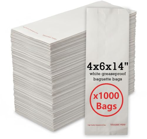 [1000 Pack] White Greaseproof Baguette Paper Bags for Food - 4″x6″x14″ Eco-Friendly & Biodegradable White Bags for Bread - Ideal for Food