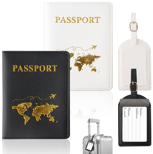Ervoxo Custodia Per Passaporto Con 2 Targhette Per Bagagli, Porta Passaporto, Copertura Passaporto, Custodie Per Passaporto Con Targhette, Colore Nero/Bianco