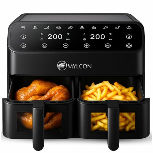 MYLCON Crispyo Heißluftfritteuse Doppelkammer mit Sichtfenster, 8L (2 x 4L), 10 Programme, Touch-Bedienung, 2000W, 60-200°C, Airfryer Dual Zone, Schwarz, MLC13