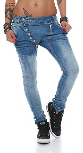 Fashion4Young 5857 MOZZAAR Damen Jeans Hose Röhrenjeans Haremshose Röhre Damenjeans Hüftjeans (L = 40, Dunkelblau)