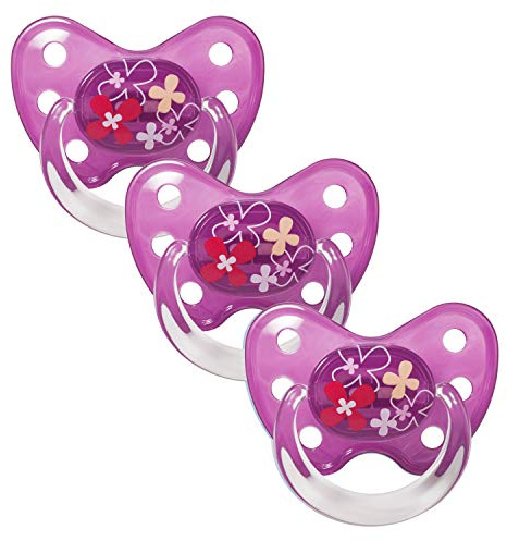 dentistar Latex Schnuller 3er-Set - Größe 2, 6-14 Monate - Zahnfreundlicher Naturkautschuk Nuckel mit Dentalstufe – BPA-frei - Made in Germany - Blumen, Lila