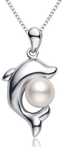VIKI LYNN Pendentif de Dauphin Femme Collier en Argent 925 avec Perle Blanche d'eau Douce Diamètre de Perle 6-7mm Classique et Raffiné Taille 45 cm Cadeau Femme ou Cadeau d'anniversaire