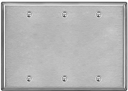 BESTTEN 3-Gang Blank Metal Wall Plate with Ｗhite or Clear Plastic Film, Corrosion-Resistant No Device Stainless Steel Outlet Cover, Standard Size, H4.53” x W6.38”, Brushed finish