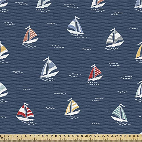 ABAKUHAUS maritim Gewebe als Meterware, Minimal Bunte Segelboote, Schön Gewebten Stoff für Polster und Wohnaccessoires, 1M (148x100cm),Dark Sky Blau Mehrfarbig