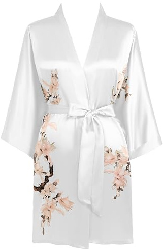 BABEYOND Kimono Vestaglia Copri Breve Floreale Seta Satin Kimono Camicetta Sciolto Addio Al Nubilato Vestito, bianco, One Size