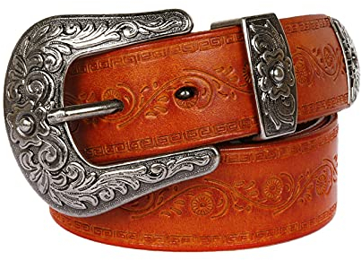 YDYBY Vintage Western Style Echtleder Gürtel für Herren Damen 105cm - 125cm Länge Fashion Embossed Pattern Nietengürtel für Oder Gothic-Outfits,Orange,110CM