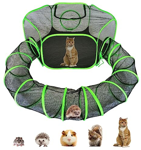 HEYHOME Small Animal Playpen Guinea Pig Hedgehog Cage Rabbit Cage with Fun Surround Tunnel Breathable & Transparent Pop Open Exercise Yard Fence with Top Cover Anti Escape
