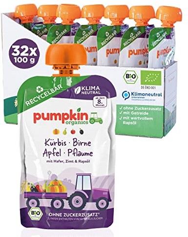 Bio Quetschie Kürbis, Birne, Apfel, Pflaume, Hafer, Zimt & Rapsöl - Gemüsepüree, Fruchtmus und Getreide für Babys ab dem 8. Monat. Recycelbarer Quetschbeutel, 32er Pack (32x100g)