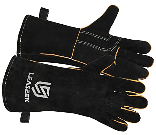 LeaSeek Grillhandschuhe aus Leder, hitze- und feuerbeständig, geschmiedete Schweißhandschuhe, Handschuhe für Kamin, Grill, Schweißer, Grill, Ofen, Herd, Tig, allgemeine Arbeitshandschuhe