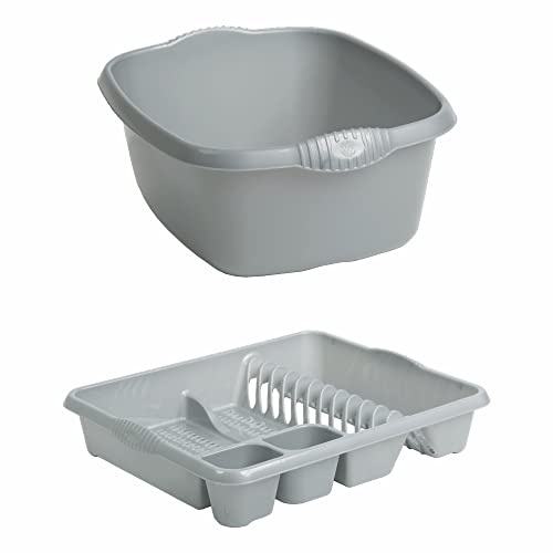 M1SS Set of Silver 39cm Rectangular Washing up Bowl with Large Dish Drainer Plate Rack Draining Board Tray Stand Sink Holder Kitchen Organiser