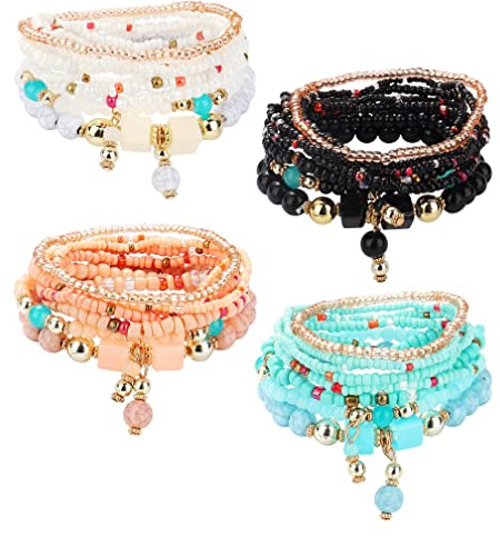 YADOCA 4 Conjuntos Bohemios Pulseras Elásticas con Perlas para Mujeres y Niñas - Pulseras Apilables con Encanto Multicapa - Joyería