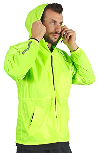 PERLETTI Veste Homme Impérmeable à Capuche Détails Réfléchissants - Coupe Vent Homme Résistant Léger Sport Running Pliable - Poncho Veste de Pluie Neige Impermeable Voyage Fluo Hiver (Jaune, XL)