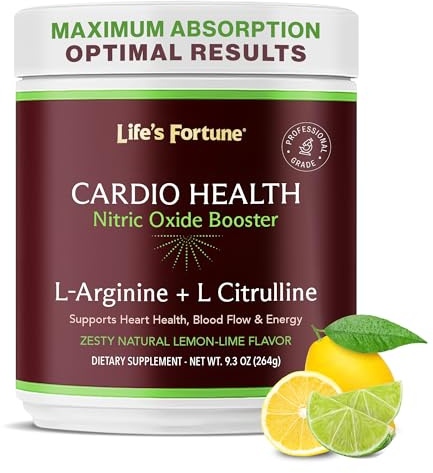 Life's Fortune L Arginine L Citrulline Supplement Powder - High Potency Nitric Oxide Supplement Booster with Natural Lemon Lime Flavor - Cardio Health, Blood Pressure and Vascular Support - 258g