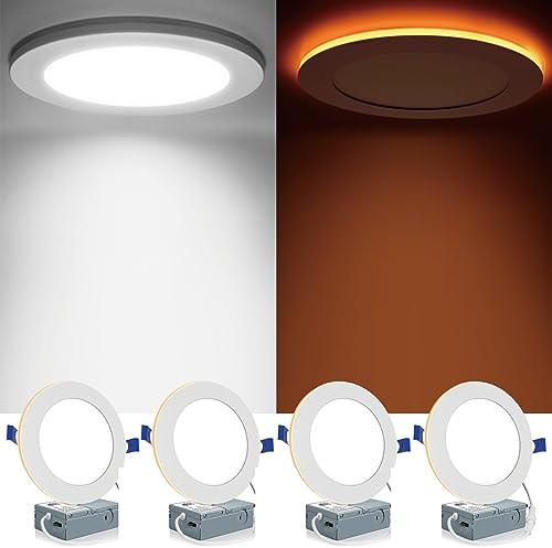Meconard 4 Pack 6 Inch 5CCT LED Canless Recessed Lighting with Night Light, 2700K/3000K/3500K/4000K/5000K Selectable Ultra-Thin LED Ceiling Lights, 12W=110W, 1050LM, Dimmable Wafer Downlight ETL&FCC