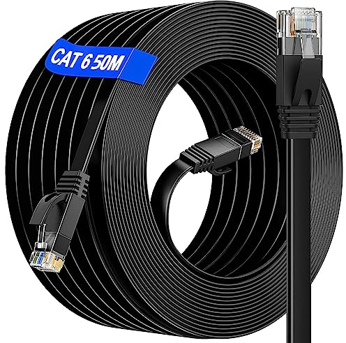 Soibke LAN Kabel 50 meter Schwarz, Netzwerkkabel 50m Cat 6 Outdoor Indoor Gigabit Ethernet Kabel Flach- 10 100 1000Mbit s - RJ45 Patchkabel 50m Cat 6 Wlan Kabel für Router Switch PS4/5, 50 Clips