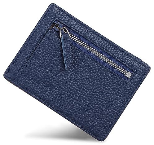 VISOUL Damen Klein Echtes Leder Kreditkartenetui RFID Schutz Minimalistischer Kartenhalter Hüllen Kartenetui Portemonnaie Front Tasche Geldbörse Mini Kreditkarten Etuis Mit Münzfach KB10 T16 Blau