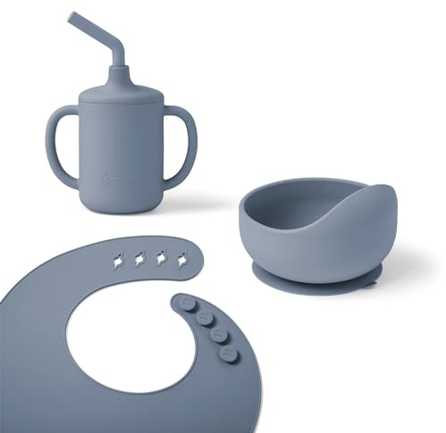 Ergobaby Kindergeschirr-Set Basic für Babys und Kleinkinder ab 6 Monaten, Baby Geschirrset mit Becher, Schale und Lätzchen, ohne BPA, PVC und Phthalaten, Soft Blue