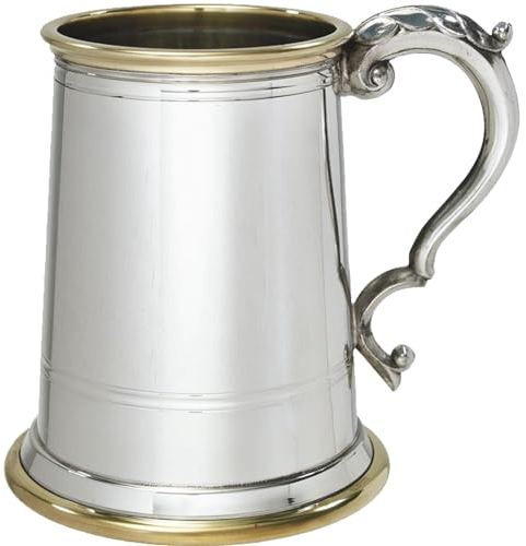 I LUV LTD Étain Chope 1 Pinte Wortley avec Bord en Laiton et Détails de Base Pur Lourd Jauge Bière Chope Possibilité de Gravure Cadeaux Personnalisés pour Hommes et Femmes