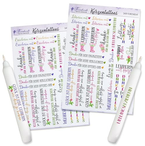 Kerzentattoos Lehrerin Schulschluss, Kerzentattoos Abschied Kindergarten, DIY Kerze gestalten Lehrergeschenk, Abschiedsgeschenk Schule selbermachen, Kerzen Folie Erzieherin, Feenstaub